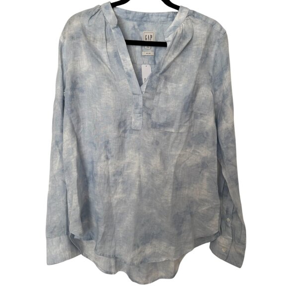 NWT GAP Blue & White Long Sleeve 100% Linen Tie-Dye Popover Long Sleeve Shirt-S - Picture 2 of 5